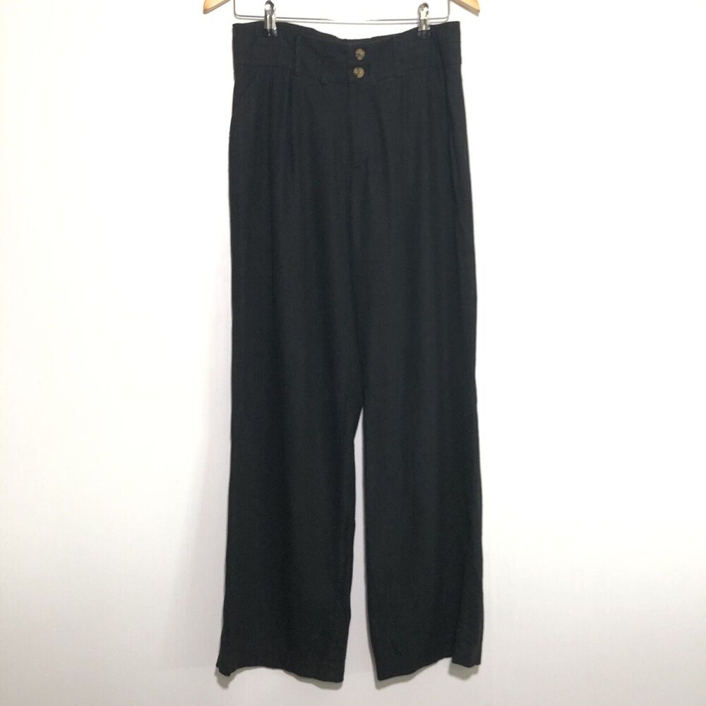 Crosby Pants Womens Small Black Linen Blend Wide Leg Pleated Lagenlook Coastal